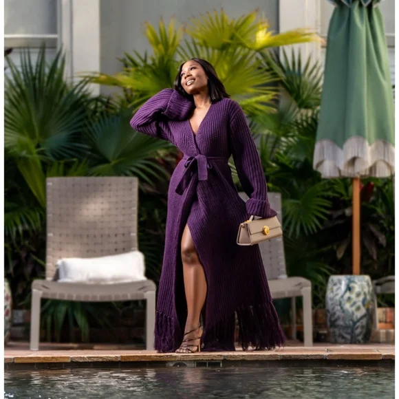 HANIFA MIYA KNIT CARDIGAN DRESS IN EGGPLANT /PLUM - Picture 4 of 11